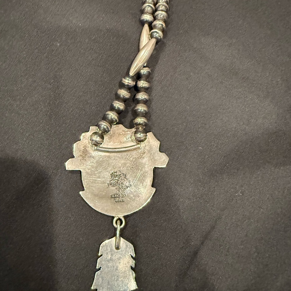 Vintage Sterling Silver Frank YellowHorse Pendant Beaded Chain Navajo Inlay - Picture 9 of 12